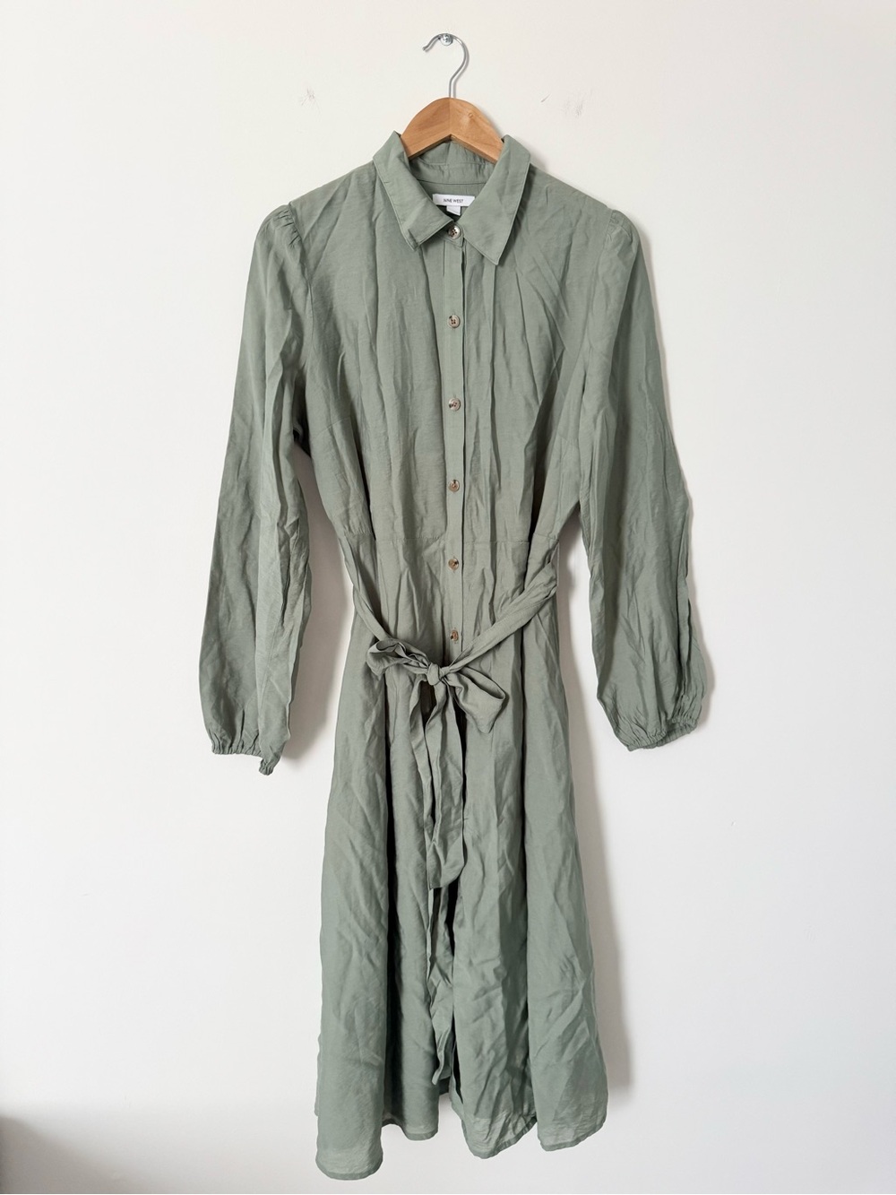 Nine West Tie Waist Midi Shirt Dress Sage Green Size L